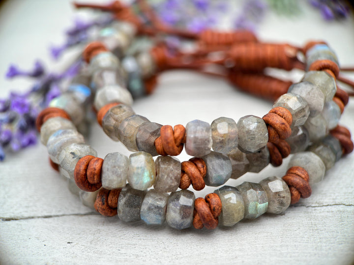 Faceted Labradorite Gemstone and Rustic Brown Leather Stacking Bracelet - SunlightSilver