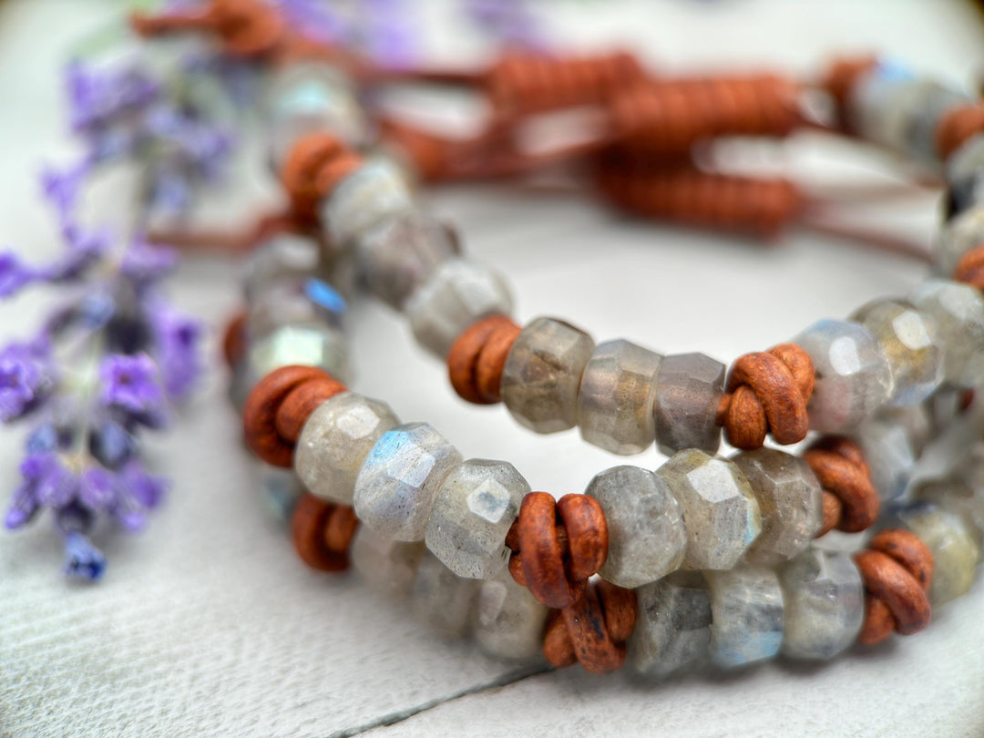 Faceted Labradorite Gemstone and Rustic Brown Leather Stacking Bracelet - SunlightSilver