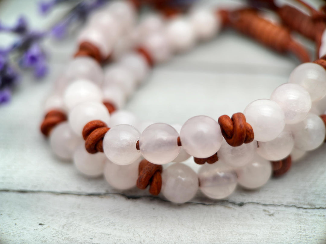 Rose Quartz Crystal and Leather Gemstone Stacking Bracelet - SunlightSilver