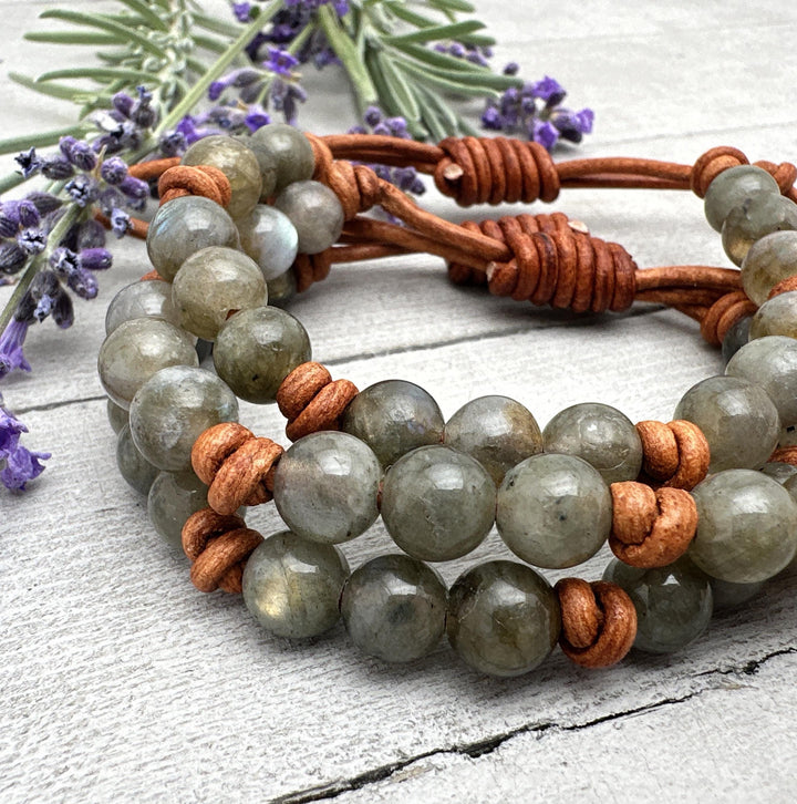 Labradorite Gemstone and Rustic Brown Leather Stacking Bracelet - SunlightSilver