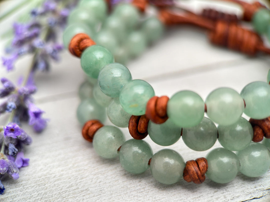 Aventurine Gemstone and Rustic Brown Leather Layering Bracelet - SunlightSilver