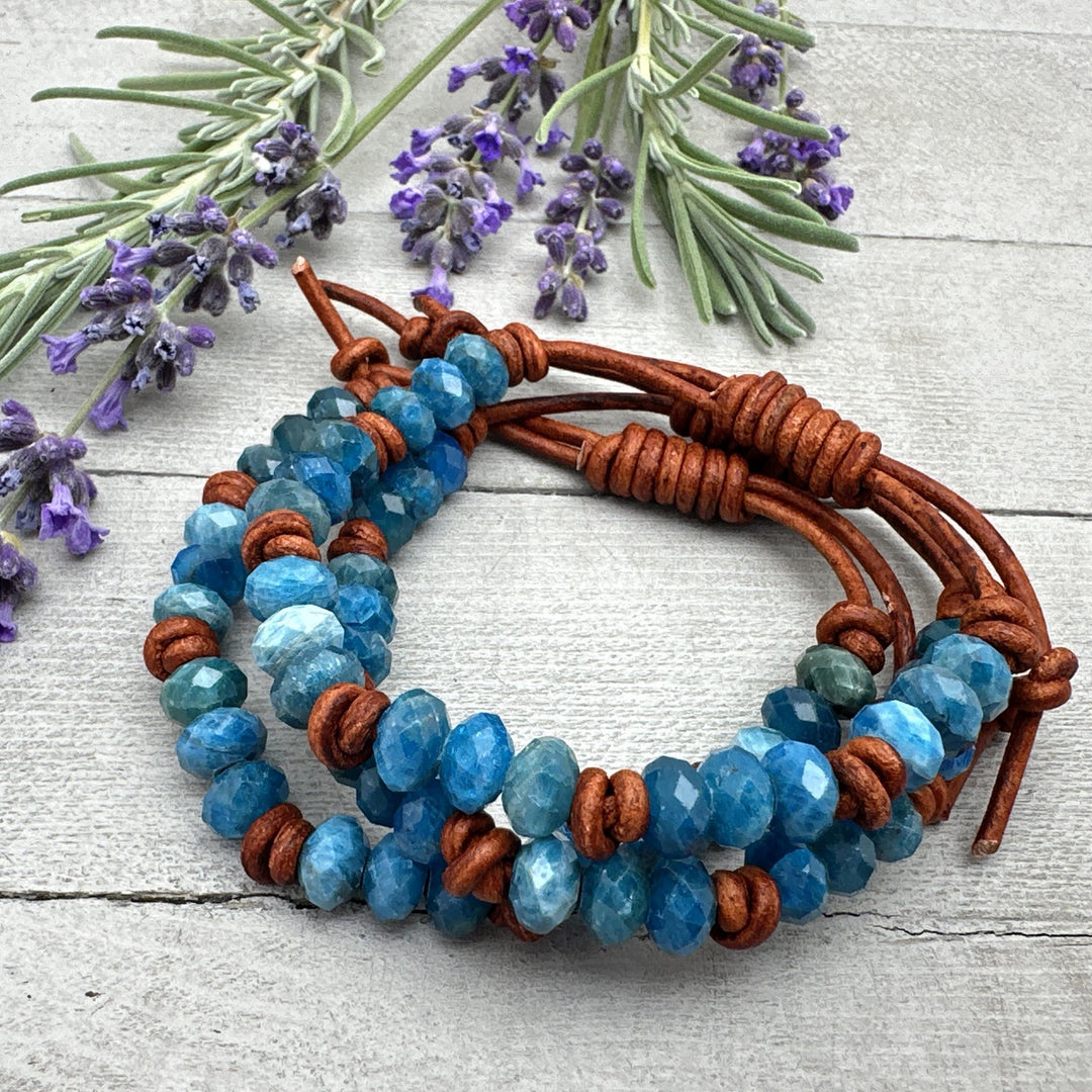 Apatite and Rustic Brown Leather Bracelet - SunlightSilver