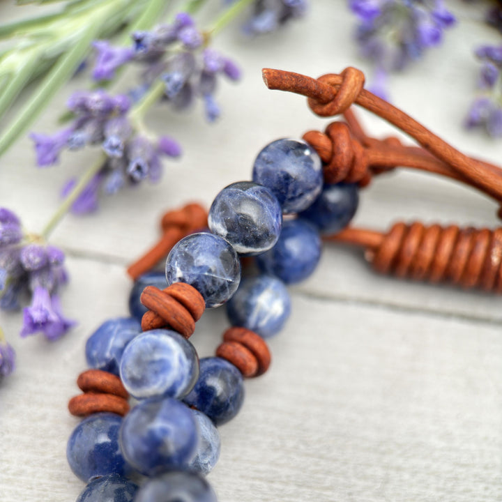 Sodalite Gemstone and Rustic Brown Leather Stacking Bracelet - SunlightSilver