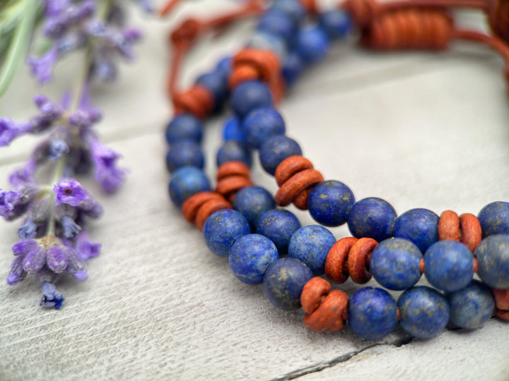 Lapis Lazuli and Rustic Brown Leather Bracelet. Smaller 5-6mm Matte Beads - SunlightSilver