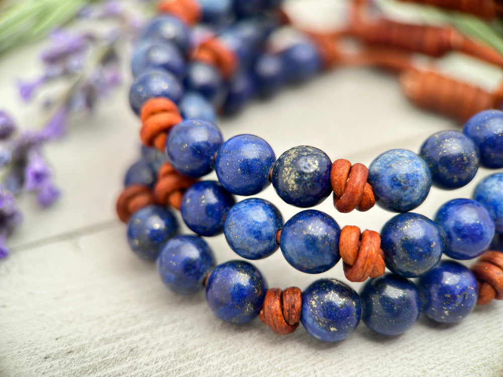 Lapis Lazuli and Rustic Brown Leather Bracelet - SunlightSilver