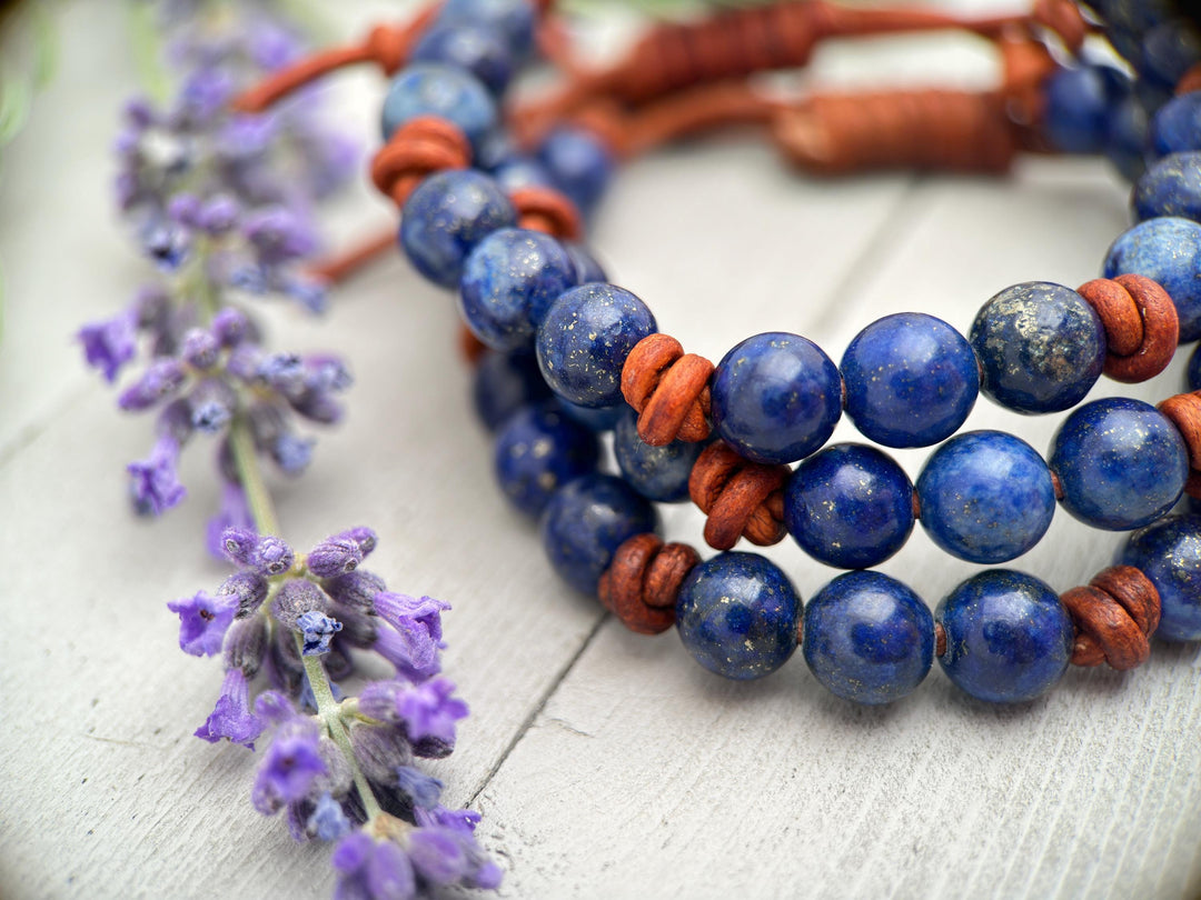 Lapis Lazuli and Rustic Brown Leather Bracelet - SunlightSilver