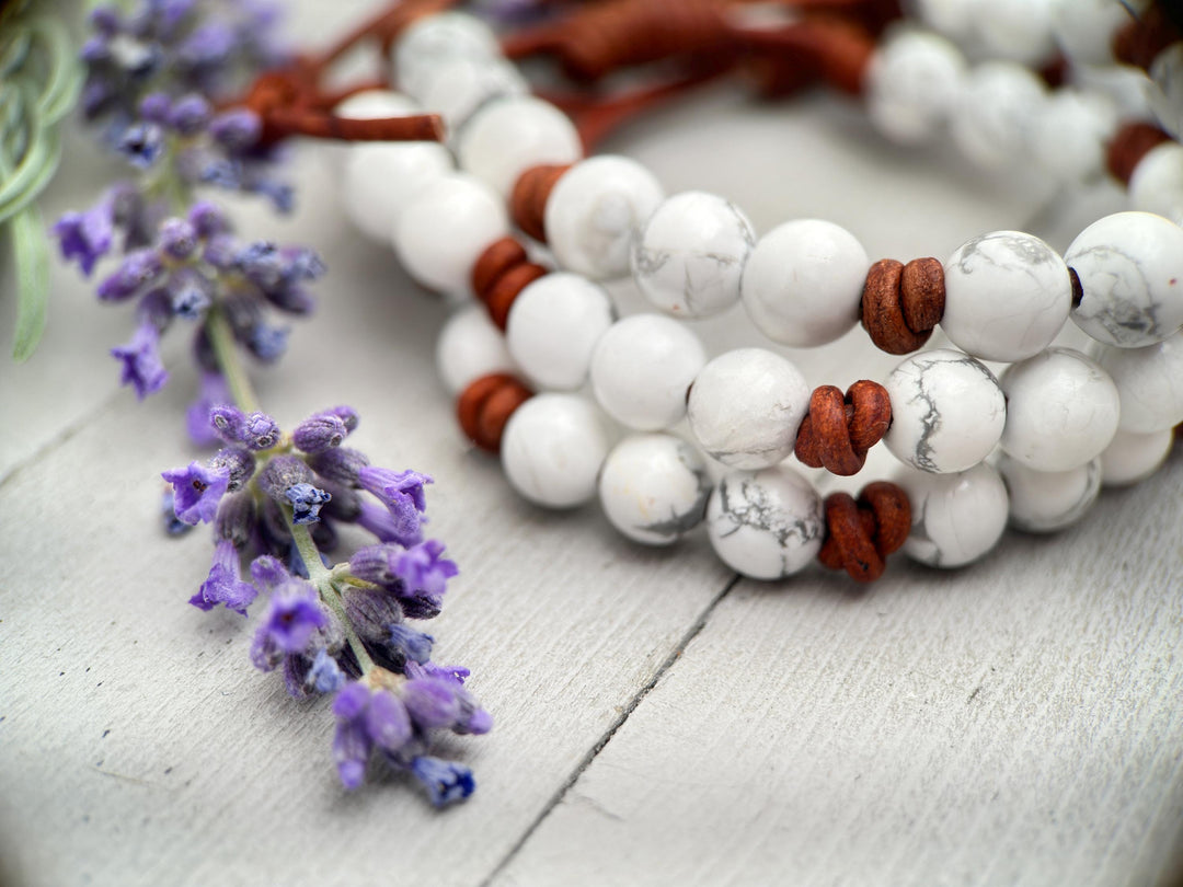 Howlite Gemstone and Rustic Brown Leather Stacking Crystal Bracelet - SunlightSilver