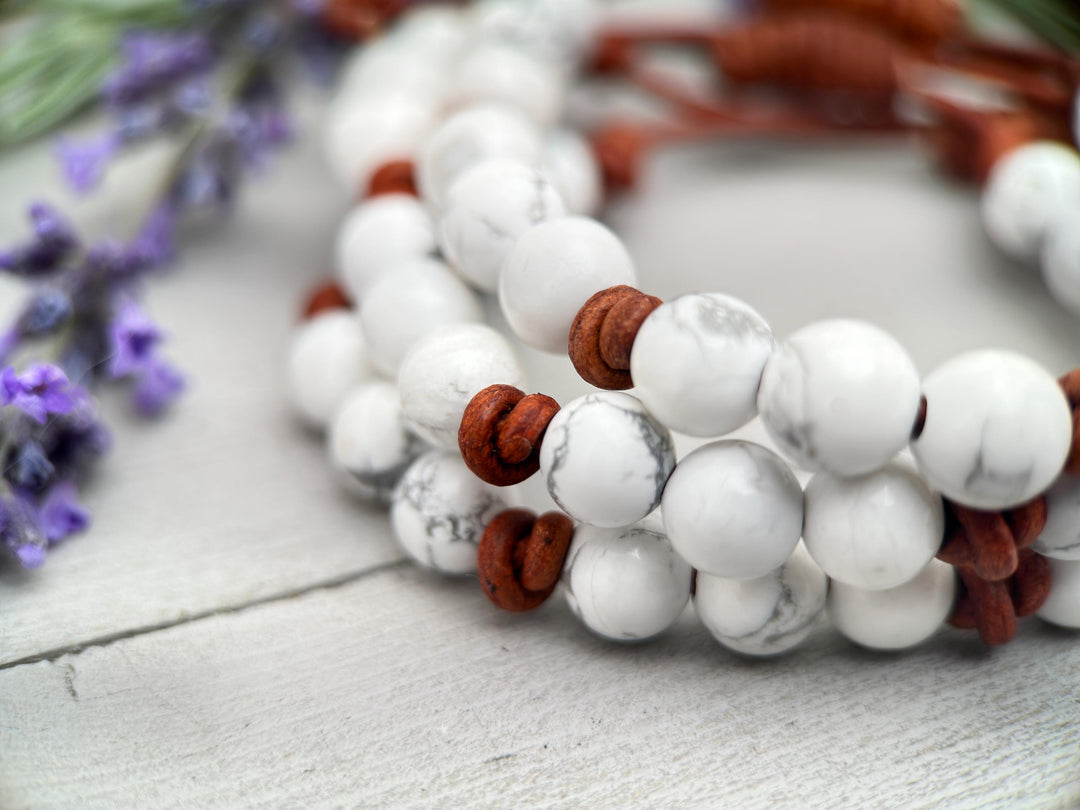 Howlite Gemstone and Rustic Brown Leather Stacking Crystal Bracelet - SunlightSilver