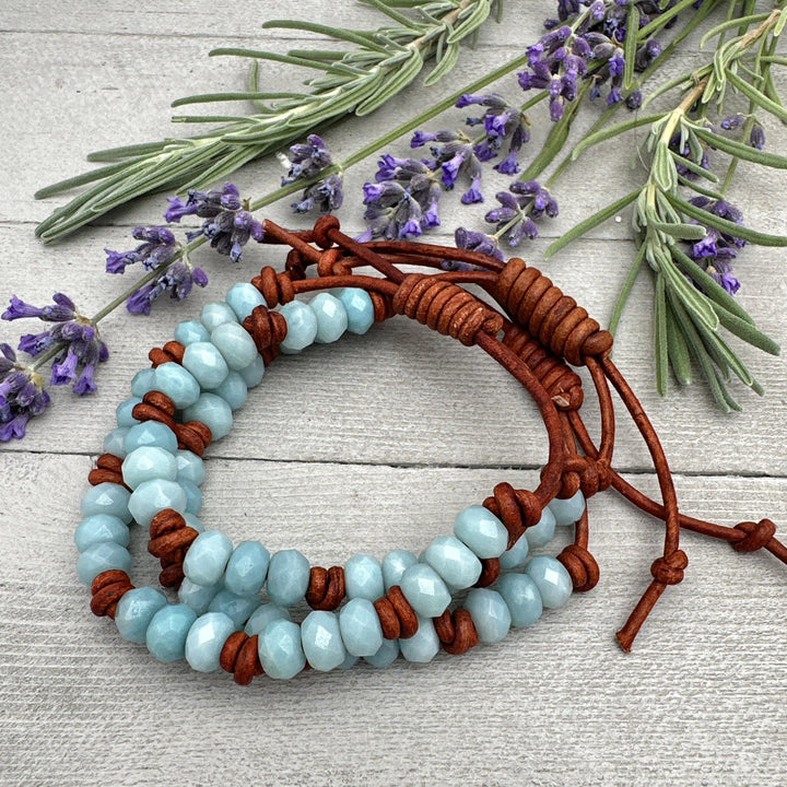 Amazonite and Rustic Brown Leather Bracelet - SunlightSilver