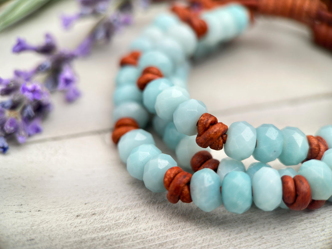 Amazonite and Rustic Brown Leather Bracelet - SunlightSilver