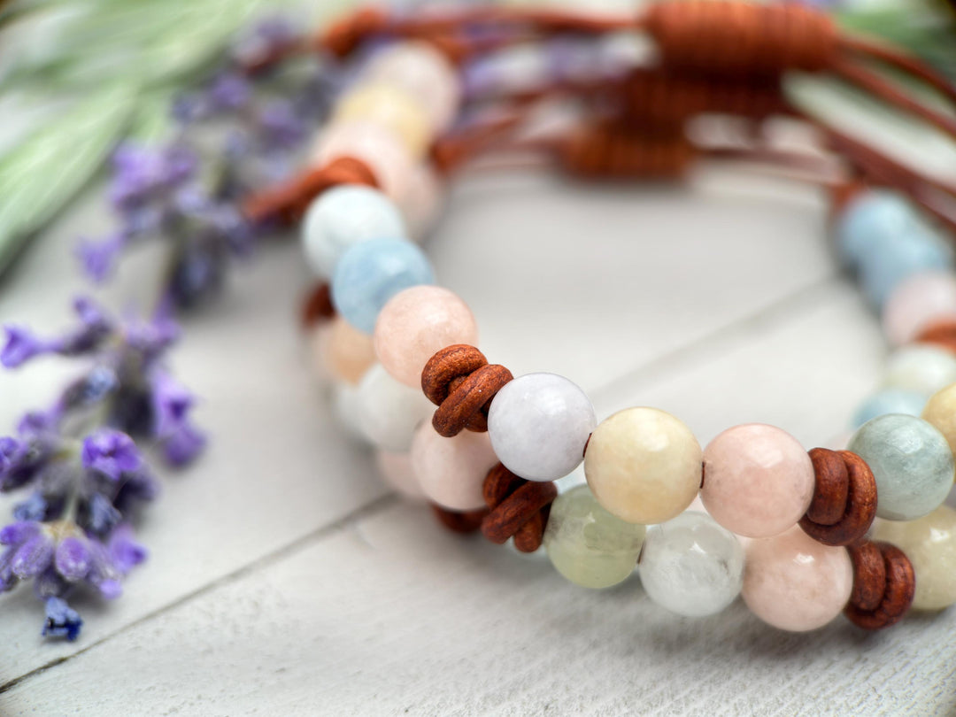 Beryl Gemstone Leather Bracelet. Morganite, Aquamarine, Emerald, Heliodor - SunlightSilver