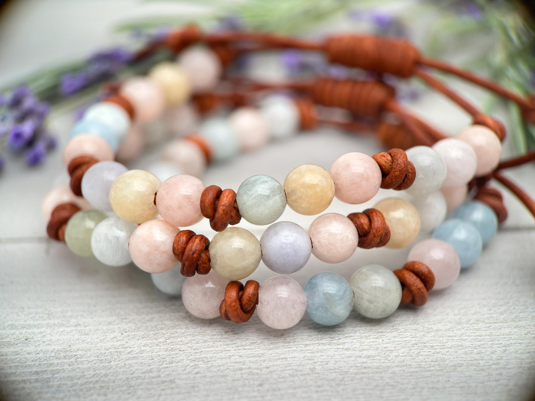 Beryl Gemstone Leather Bracelet with Morganite, Aquamarine, Emerald, Heliodor - SunlightSilver