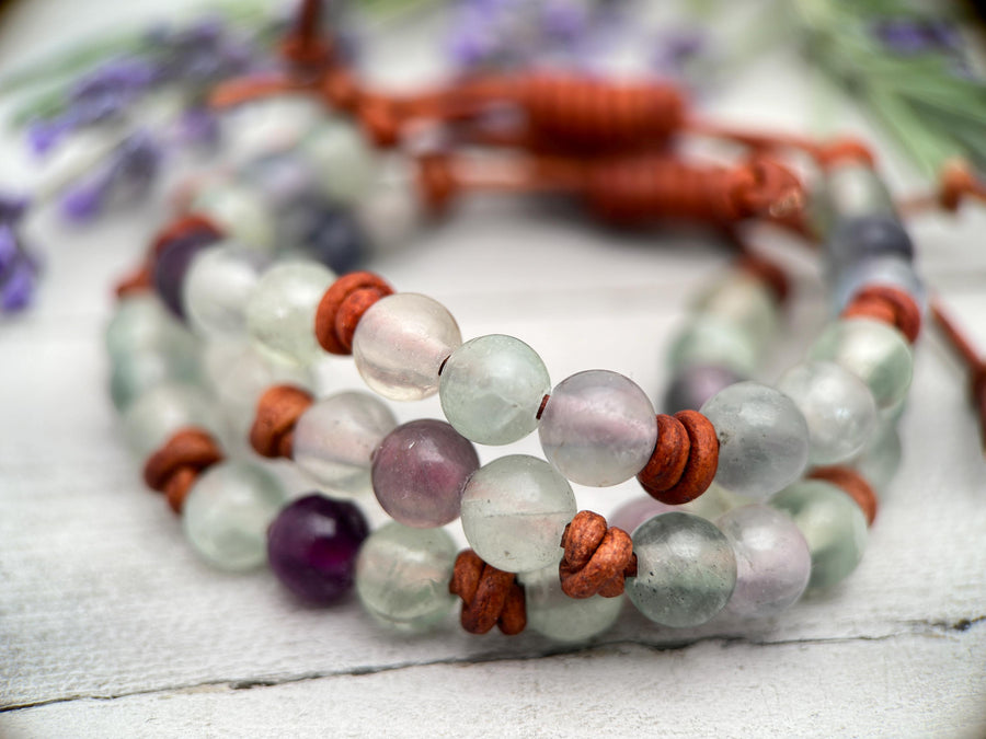 Fluorite Crystal and Rustic Brown Leather Gemstone Stacking Bracelet - SunlightSilver