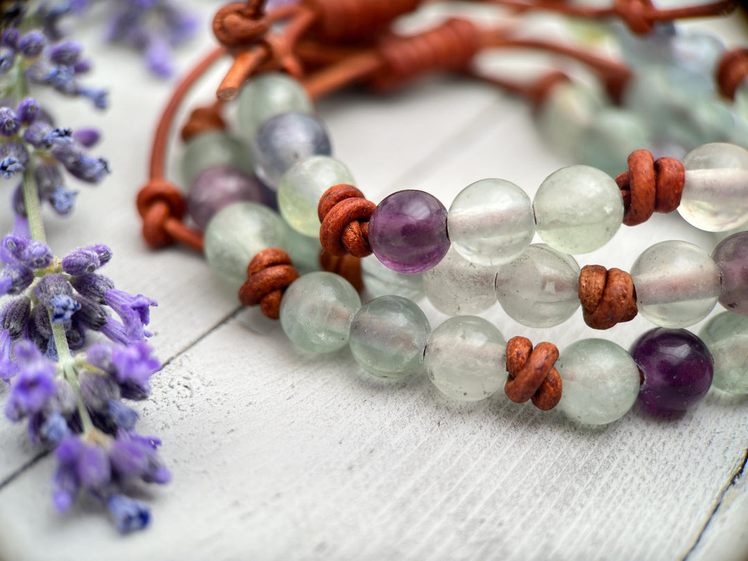 Fluorite Crystal and Rustic Brown Leather Gemstone Stacking Bracelet - SunlightSilver