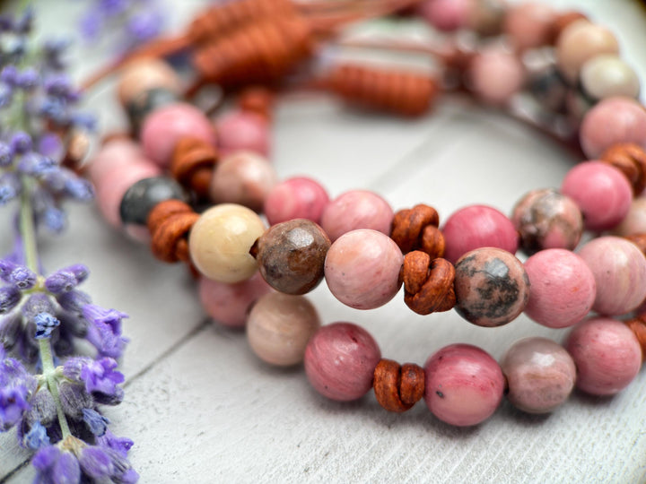 Rhodonite and Leather Gemstone Stacking Bracelet - SunlightSilver