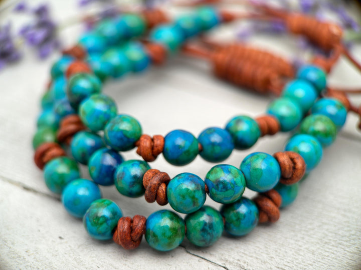 Blue-Green Azurite Bracelet on Leather – Handmade Adjustable Boho Jewelry For Him or Her - SunlightSilver