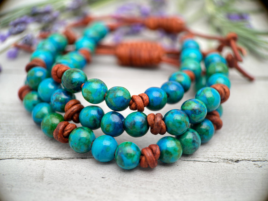 Azurite Gemstone and Rustic Brown Leather Bracelet - SunlightSilver