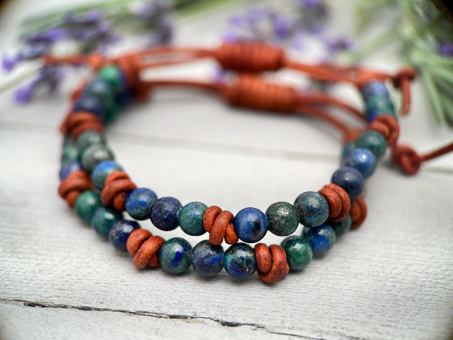 Lapis Malachite Gemstone and Rustic Brown Leather Bracelet - SunlightSilver