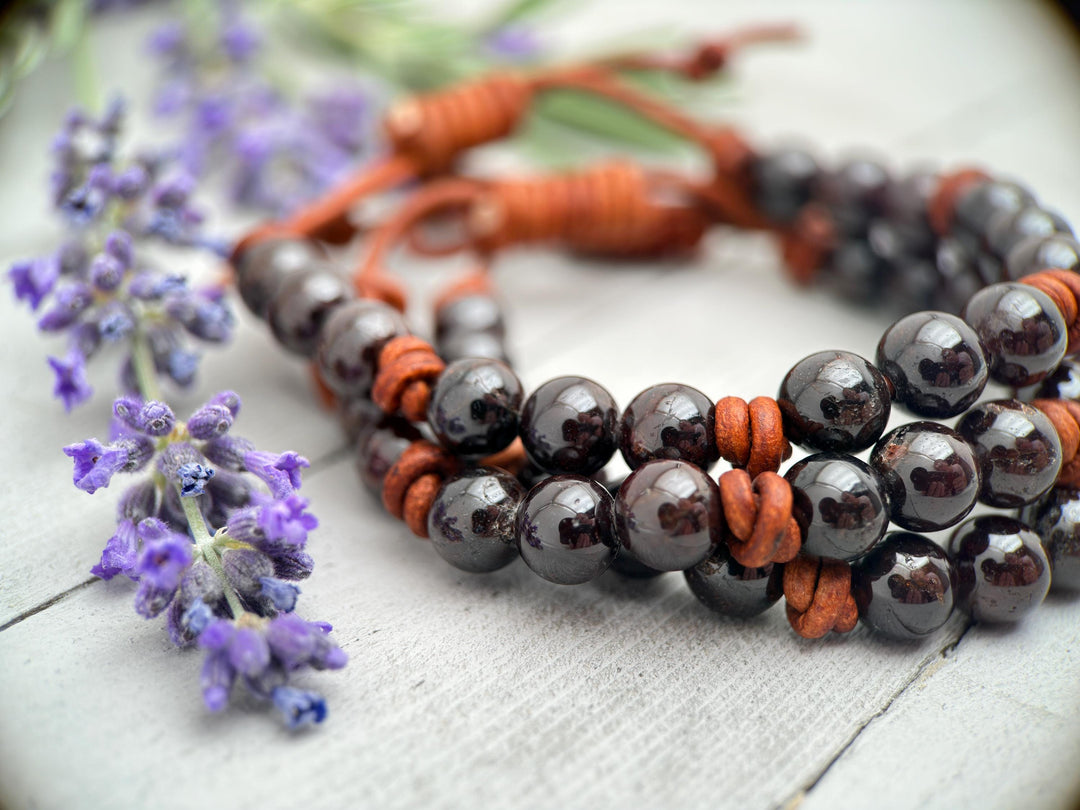 Garnet and Leather Gemstone Stacking Bracelet - SunlightSilver