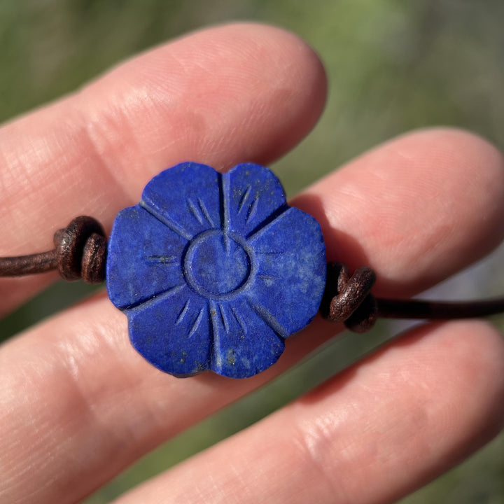 Lapis Lazuli Carved Flower and Brown Leather Necklace - SunlightSilver