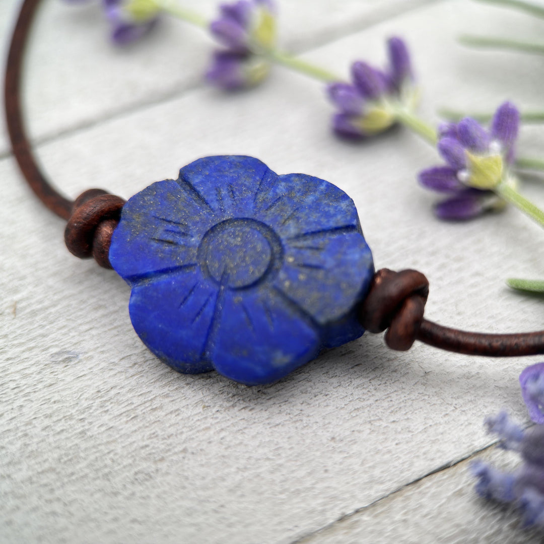 Lapis Lazuli Carved Flower and Brown Leather Necklace - SunlightSilver