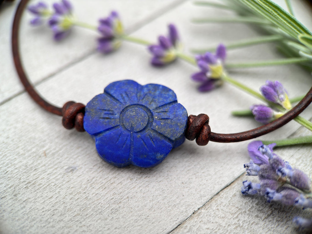 Lapis Lazuli Carved Flower and Brown Leather Necklace - SunlightSilver