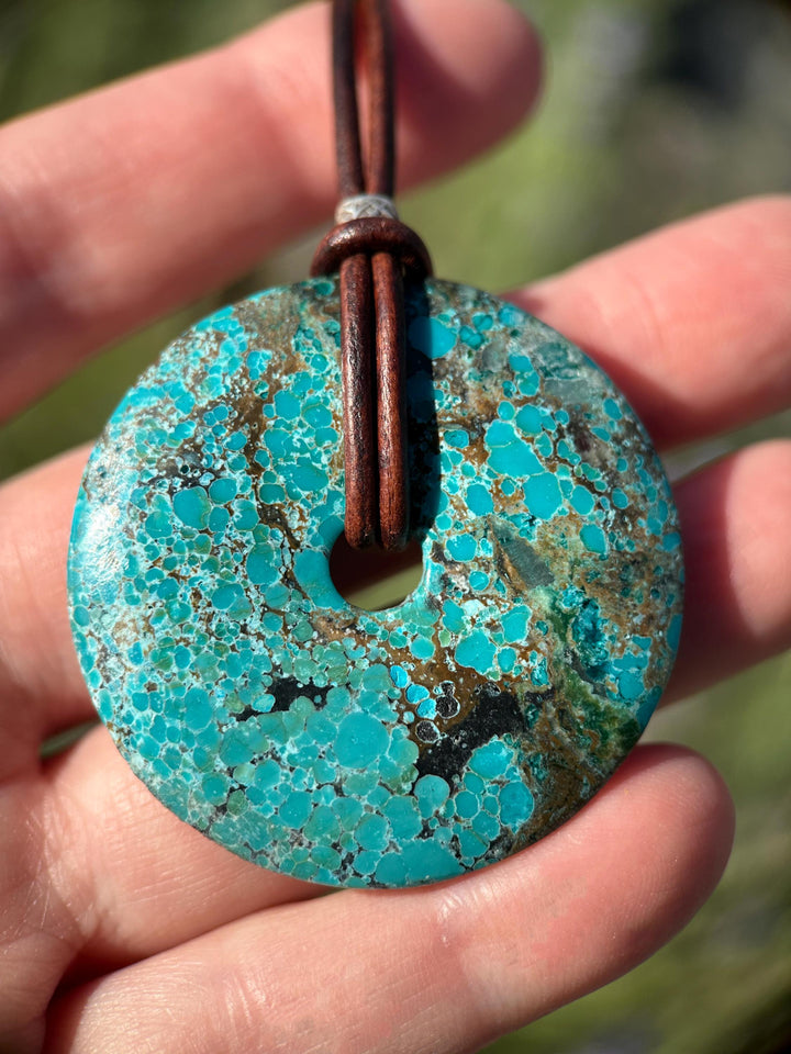 Webbed Turquoise Donut Leather Necklace - SunlightSilver