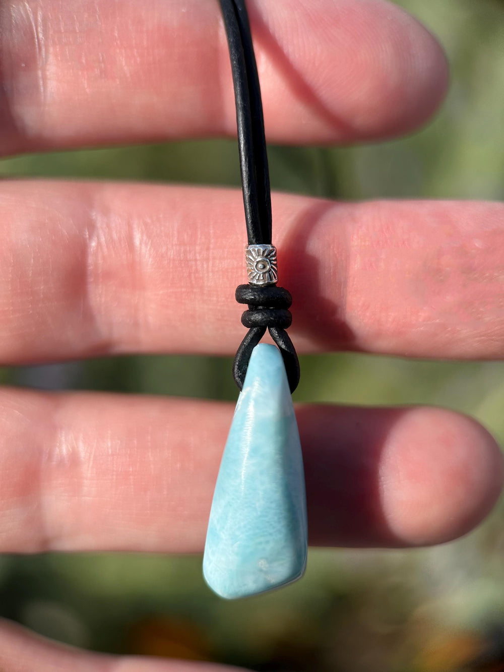 Larimar Crystal, Thai Hill Tribe Silver and Rustic Brown Leather Necklace - SunlightSilver