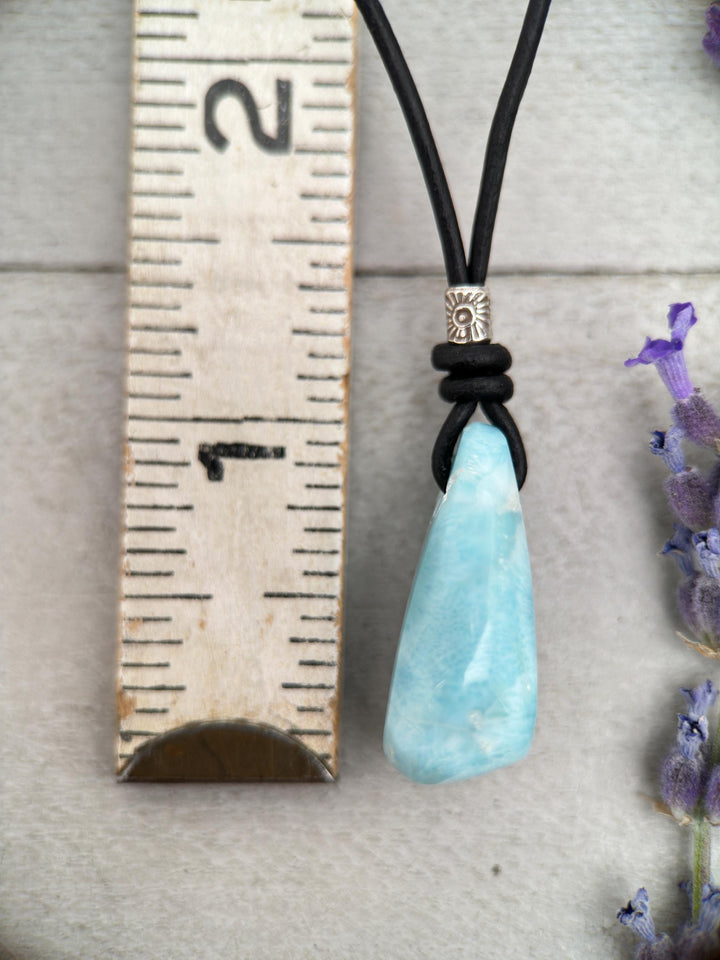 Larimar Crystal, Thai Hill Tribe Silver and Rustic Brown Leather Necklace - SunlightSilver