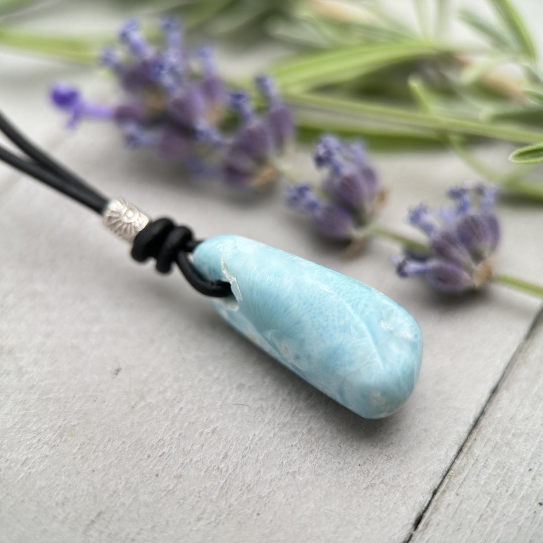 Larimar Crystal, Thai Hill Tribe Silver and Rustic Brown Leather Necklace - SunlightSilver