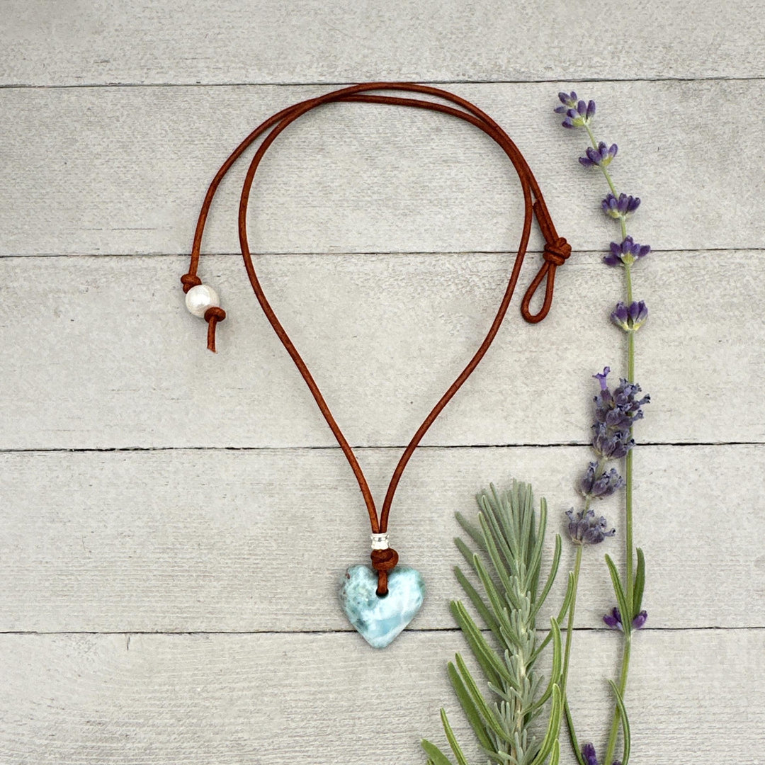 Larimar Heart Crystal and Rustic Brown Leather Necklace - SunlightSilver