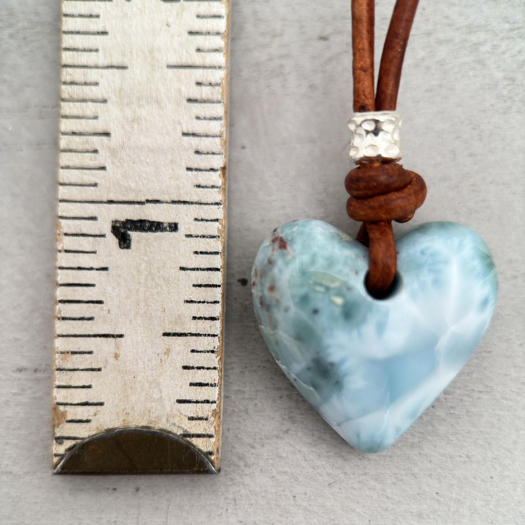 Larimar Heart Crystal and Rustic Brown Leather Necklace - SunlightSilver