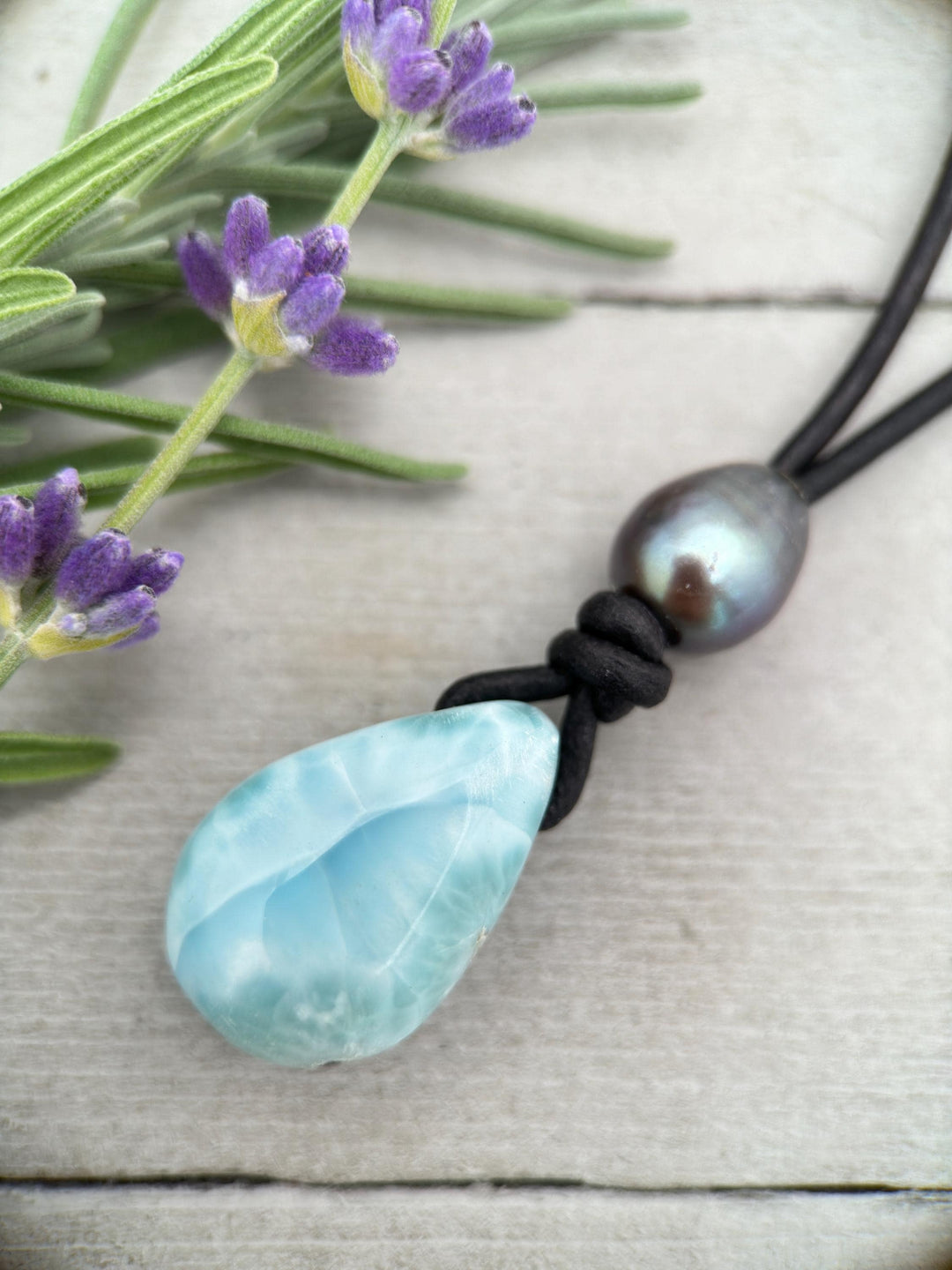 Larimar and Black Leather Necklace with Peacock Freshwater Pearl - SunlightSilver