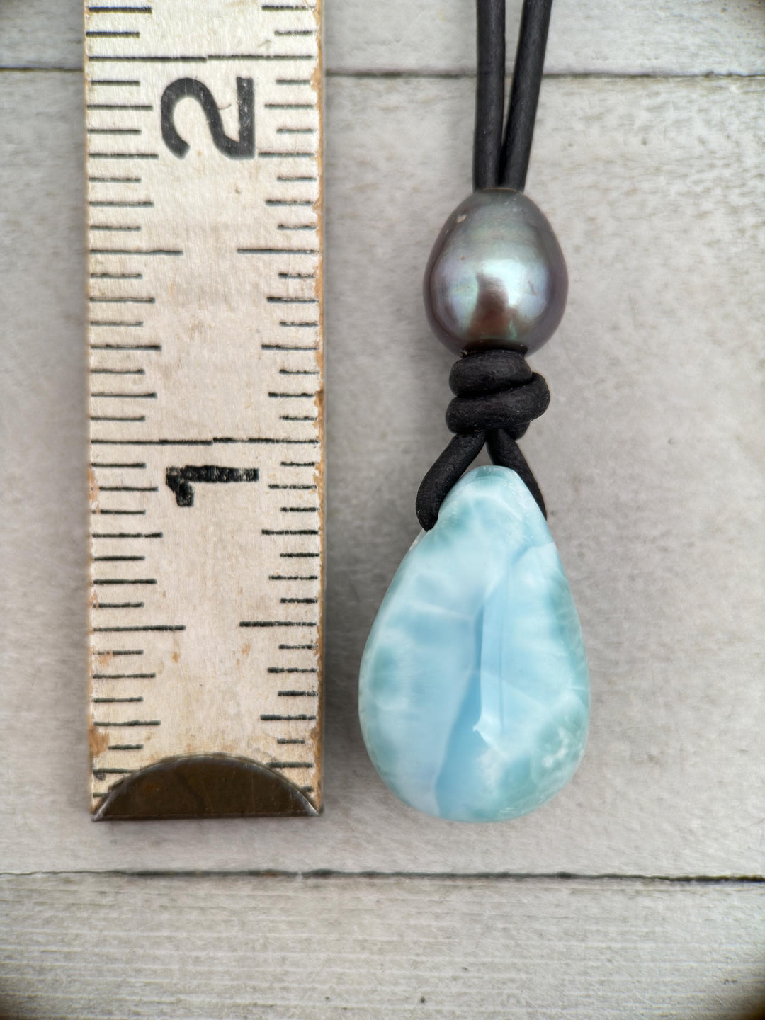 Larimar and Black Leather Necklace with Peacock Freshwater Pearl - SunlightSilver