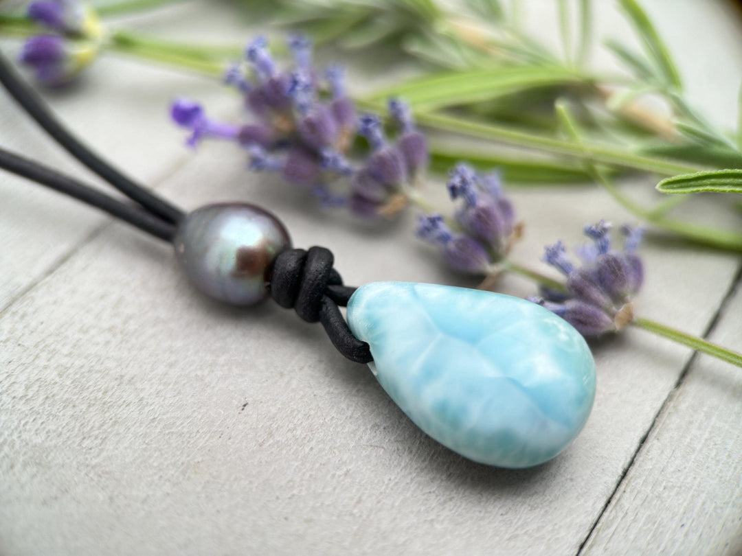 Larimar and Black Leather Necklace with Peacock Freshwater Pearl - SunlightSilver