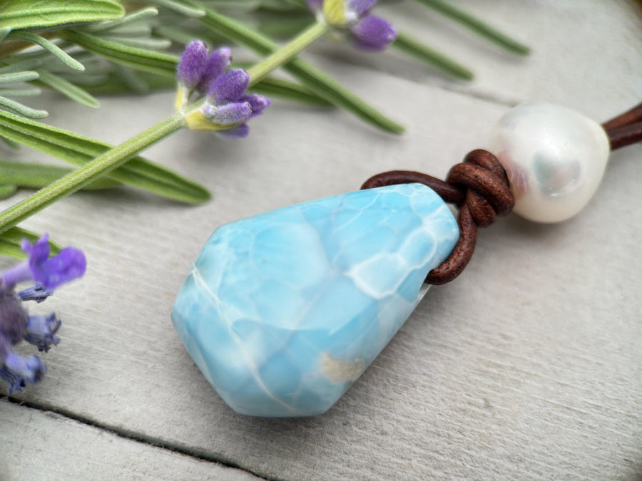 Larimar and Black Leather Necklace with Sterling Silver and Freshwater Pearl - SunlightSilver