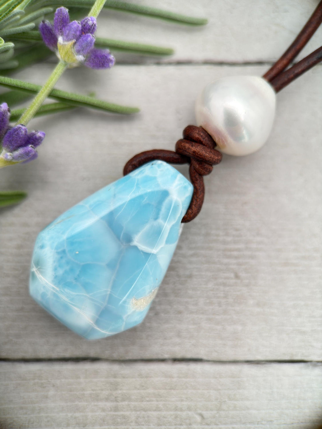 Larimar and Black Leather Necklace with Sterling Silver and Freshwater Pearl - SunlightSilver