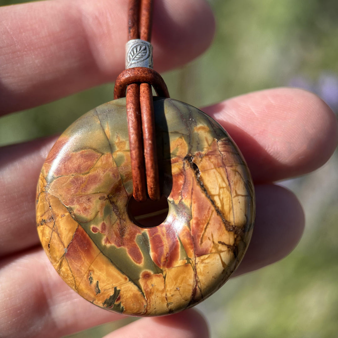 Cherry Creek Jasper and Rustic Brown Leather Necklace - SunlightSilver