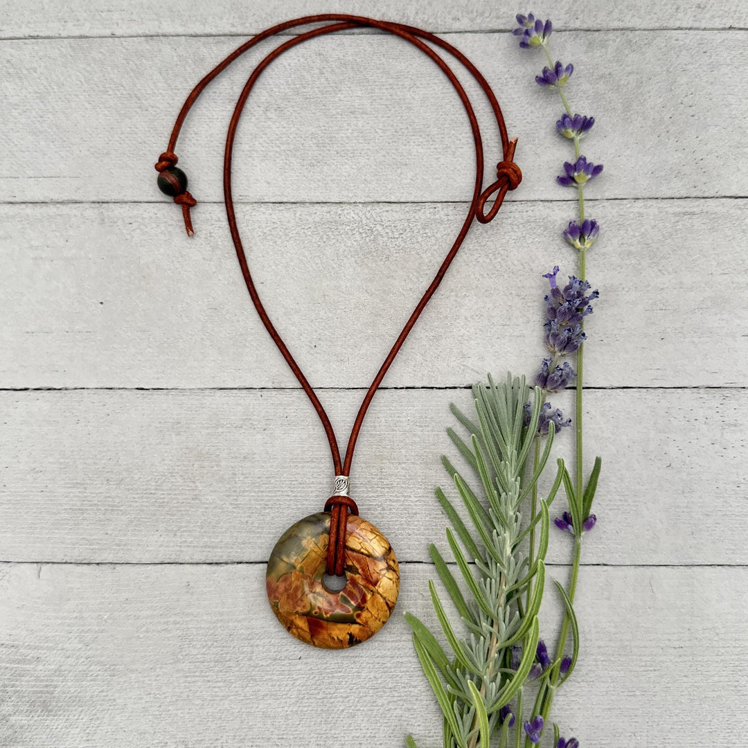 Cherry Creek Jasper and Rustic Brown Leather Necklace - SunlightSilver