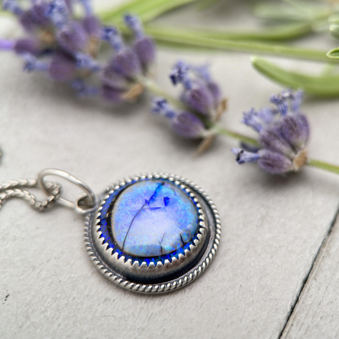 Blue Sterling Opal and Sterling Silver Pendant Necklace - SunlightSilver