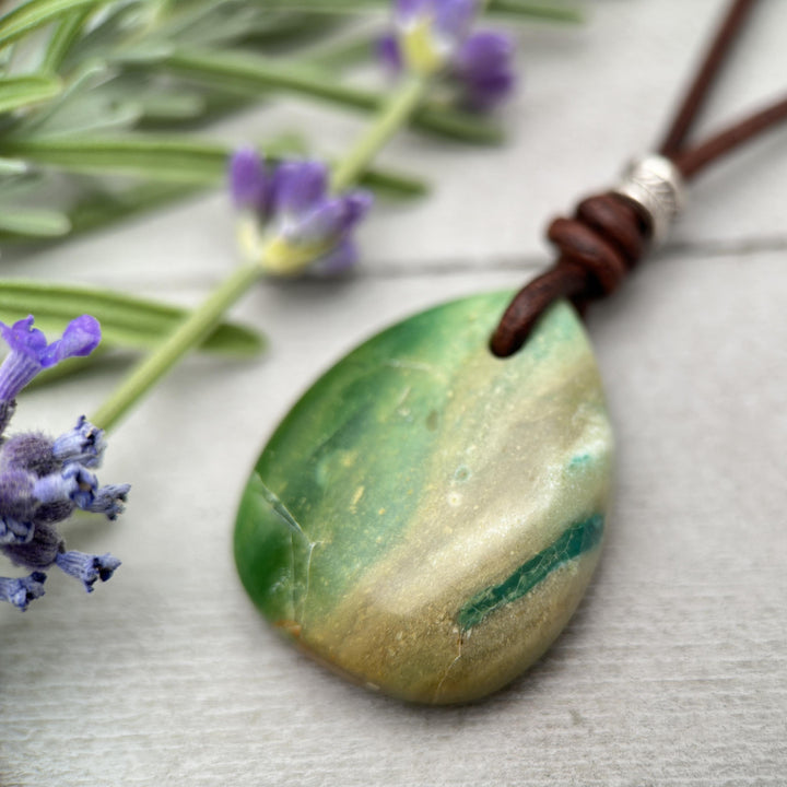 Indonesian Opalized Petrified Wood and Leather Pendant Necklace - SunlightSilver