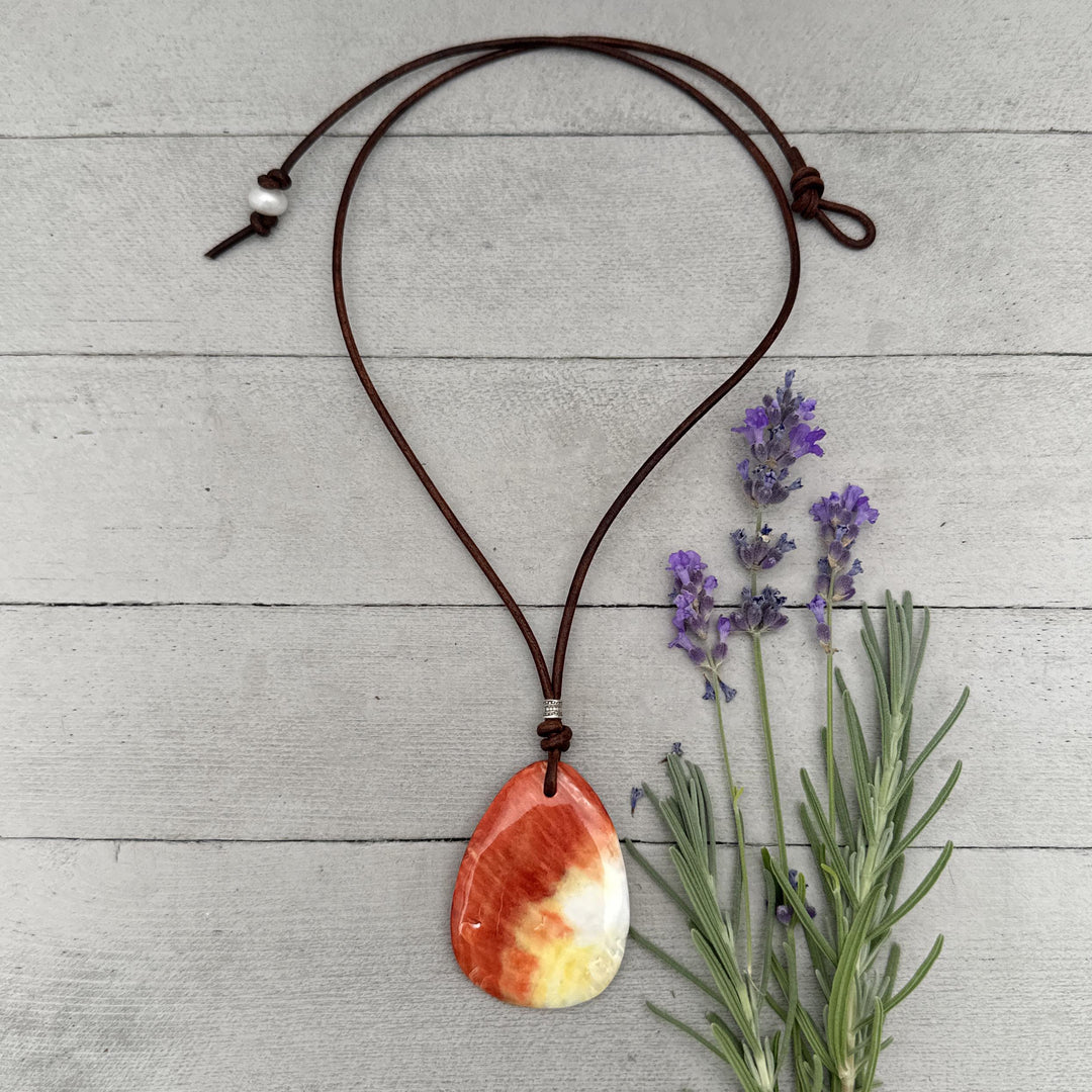 Beautiful Red Spiny Oyster Shell, Thai Hill Tribe Silver and Rustic Brown Leather Necklace - SunlightSilver