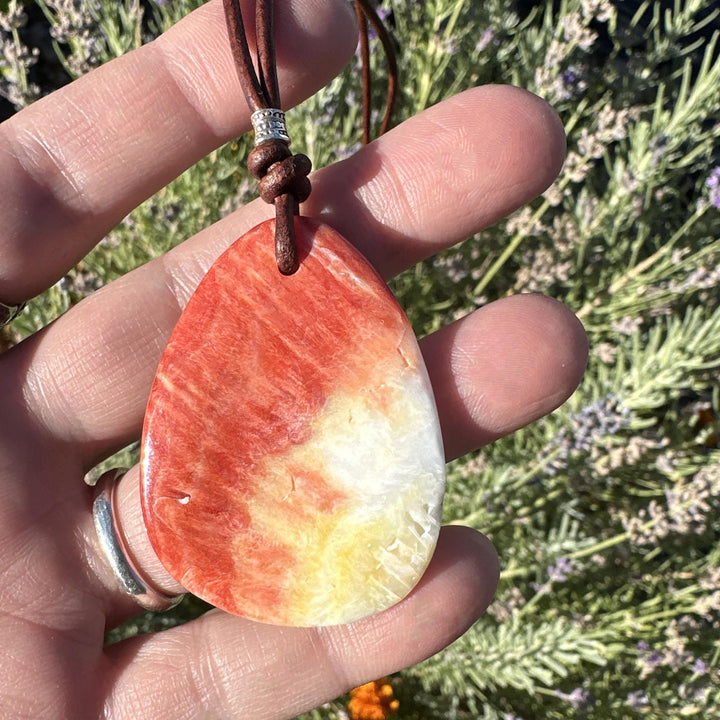 Beautiful Red Spiny Oyster Shell, Thai Hill Tribe Silver and Rustic Brown Leather Necklace - SunlightSilver