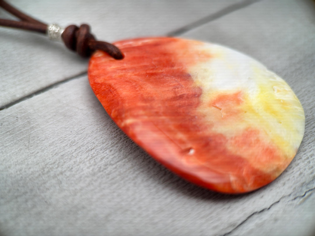 Beautiful Red Spiny Oyster Shell, Thai Hill Tribe Silver and Rustic Brown Leather Necklace - SunlightSilver