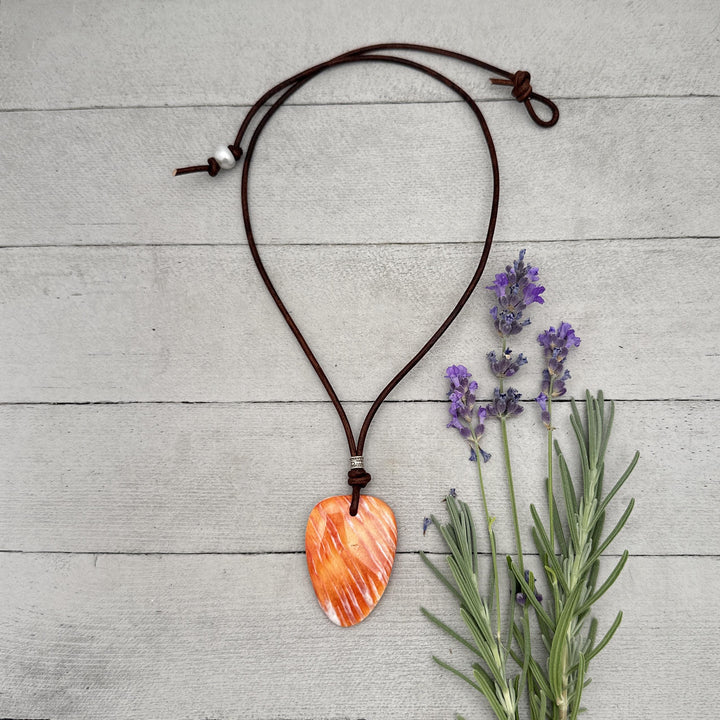 Beautiful Orange Spiny Oyster Shell, Thai Hill Tribe Silver and Leather Necklace - SunlightSilver