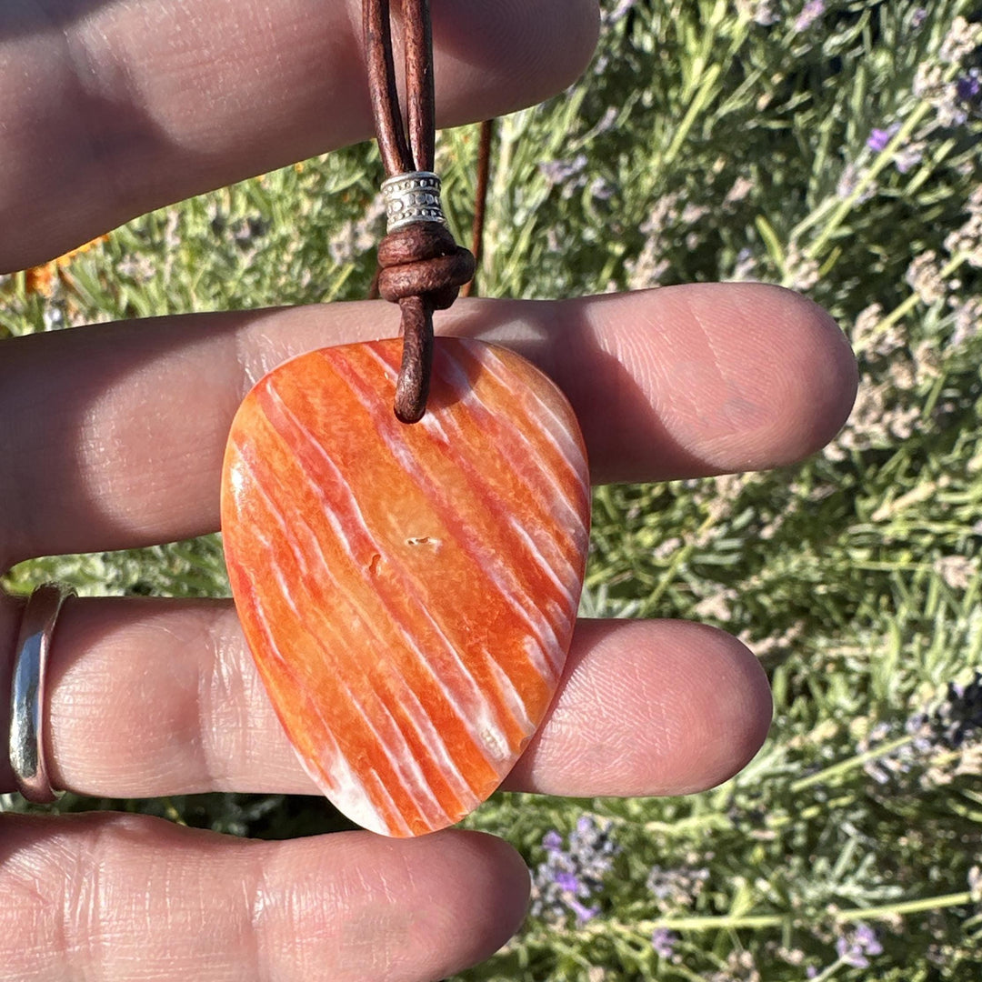 Beautiful Orange Spiny Oyster Shell, Thai Hill Tribe Silver and Leather Necklace - SunlightSilver