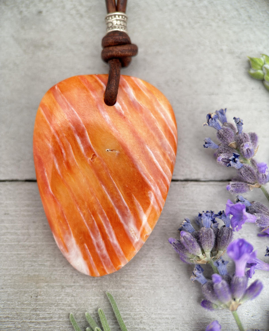 Beautiful Orange Spiny Oyster Shell, Thai Hill Tribe Silver and Leather Necklace - SunlightSilver