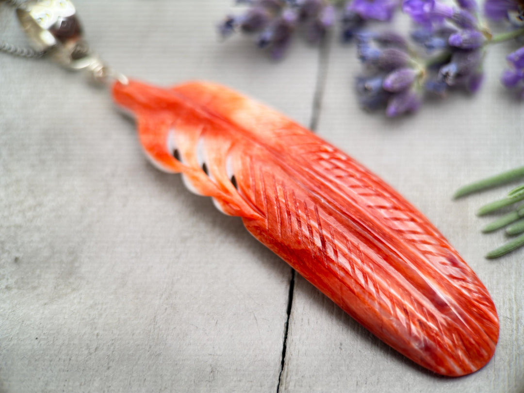 Large Carved Red Spiny Oyster Feather and Sterling Silver Pendant - SunlightSilver