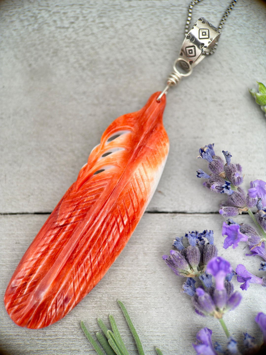 Large Carved Red Spiny Oyster Feather and Sterling Silver Pendant - SunlightSilver