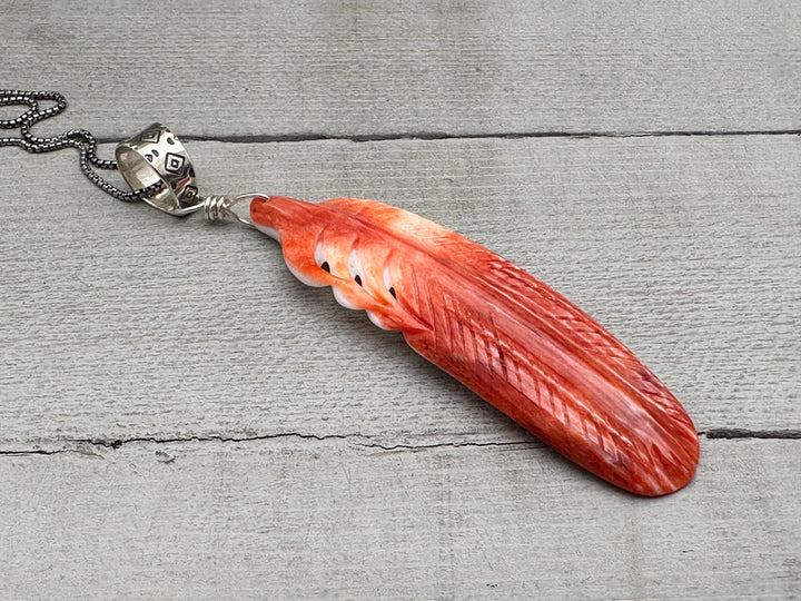 Large Carved Red Spiny Oyster Feather and Sterling Silver Pendant - SunlightSilver